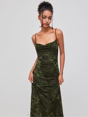 NWT Cider Olive Green Floral Cowl Slip Maxi Dress